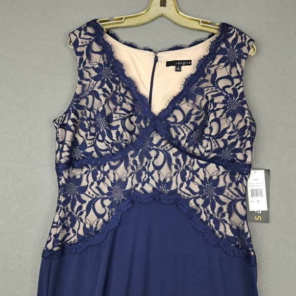 NWT Sangria Dress Women's 14 Tall Navy Floral Lace Bust Formal Maxi Evening Gown - Picture 4 of 15